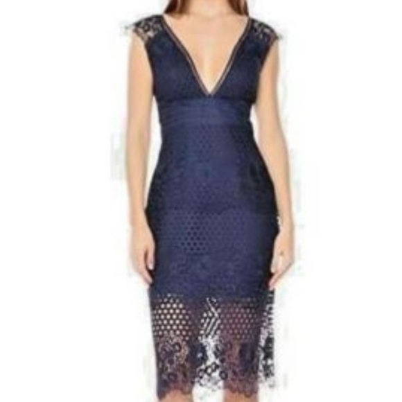 Laundry by Shelli Segal Navy Blue Lace Midi Cocktail Dress Women’s  4 Cap Sleeve - Picture 1 of 9
